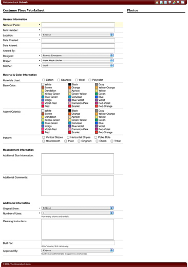 Item form from the Costume Shop Costume Archive